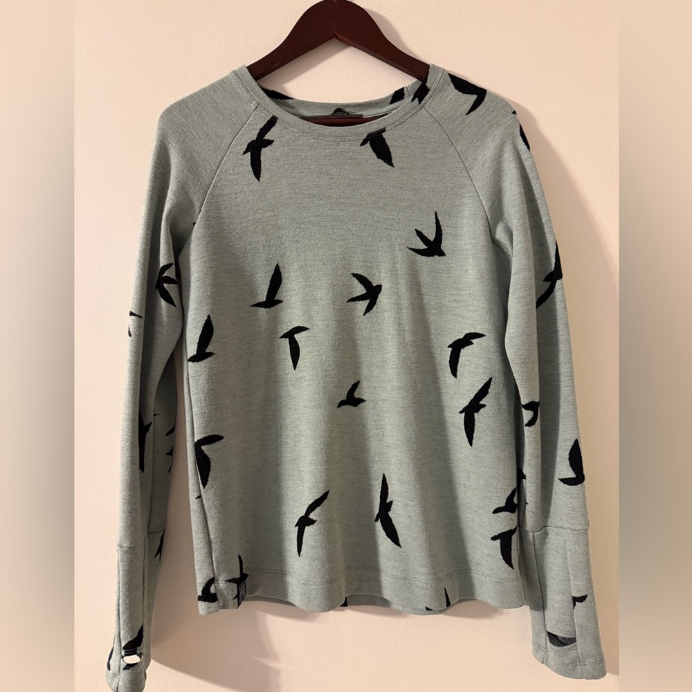 Oiselle Wazzie Wool Sweater. Mint Green with Birds Size 8.